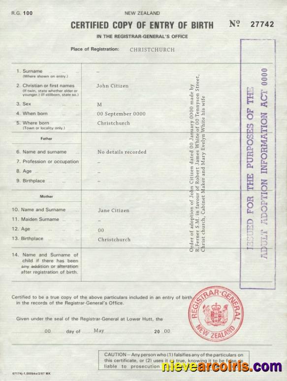 New Zealand birth certificate